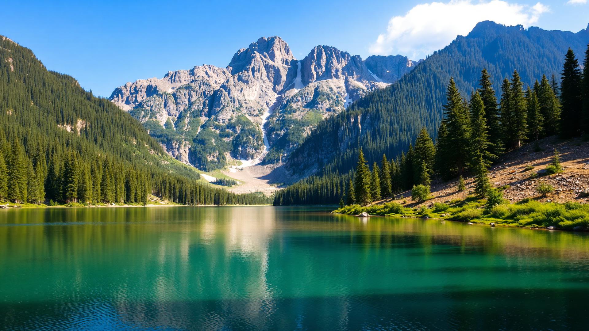 Mountain landscape with lake and evergreen forest