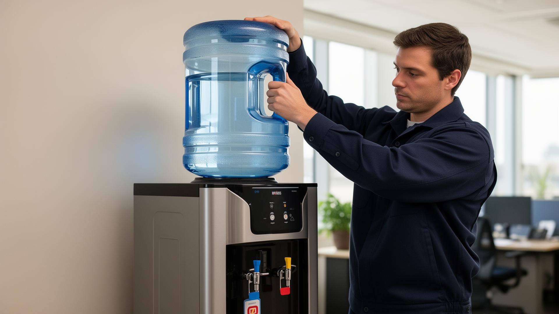 Worker servicing an office water cooler